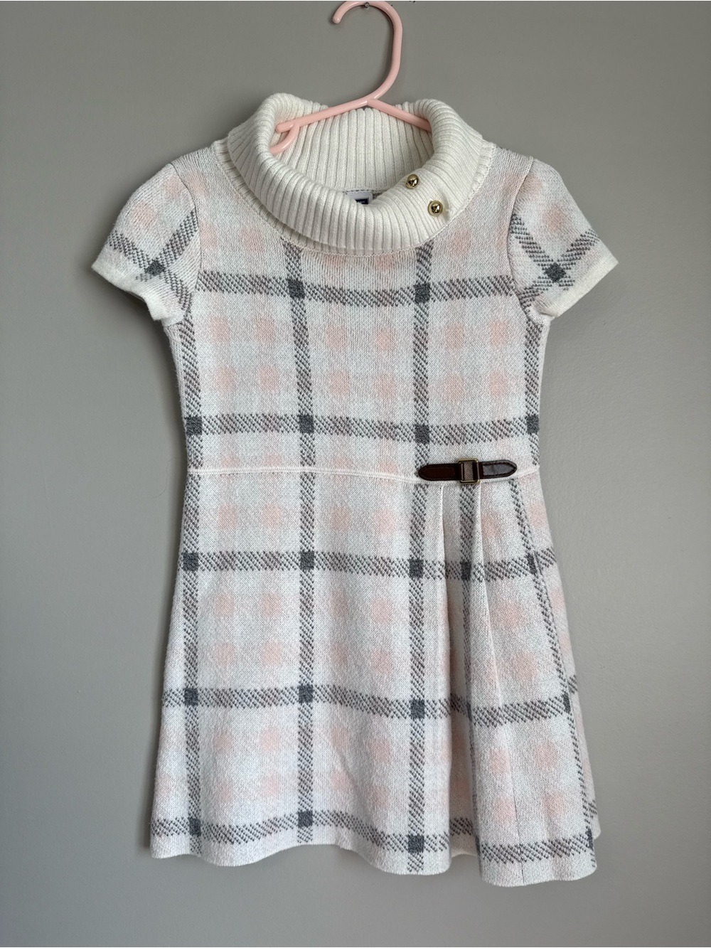 Janie and Jack Pink and Cream Plaid Knit Dress with Cowl Neck Detail Size 2T